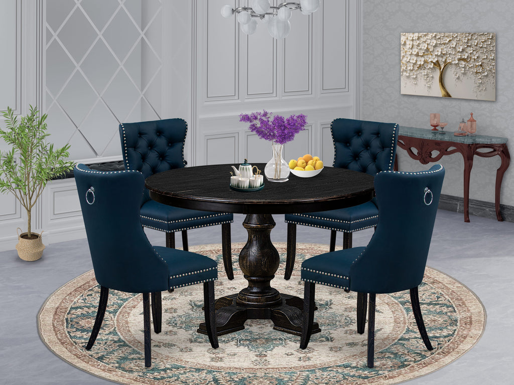 Luxe by East West Furniture F5DA5-411-29 5 Piece Dining Table Set Consists of a 48" Round Table with Pedestal and 4 Navy Blue Faux Leather Parson Chairs, Sand Blasted Black