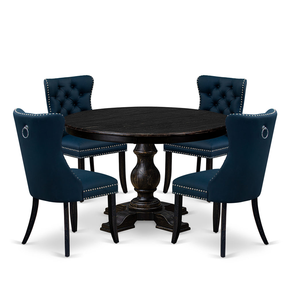 Luxe by East West Furniture F5DA5-411-29 5 Piece Dining Table Set Consists of a 48" Round Table with Pedestal and 4 Navy Blue Faux Leather Parson Chairs, Sand Blasted Black