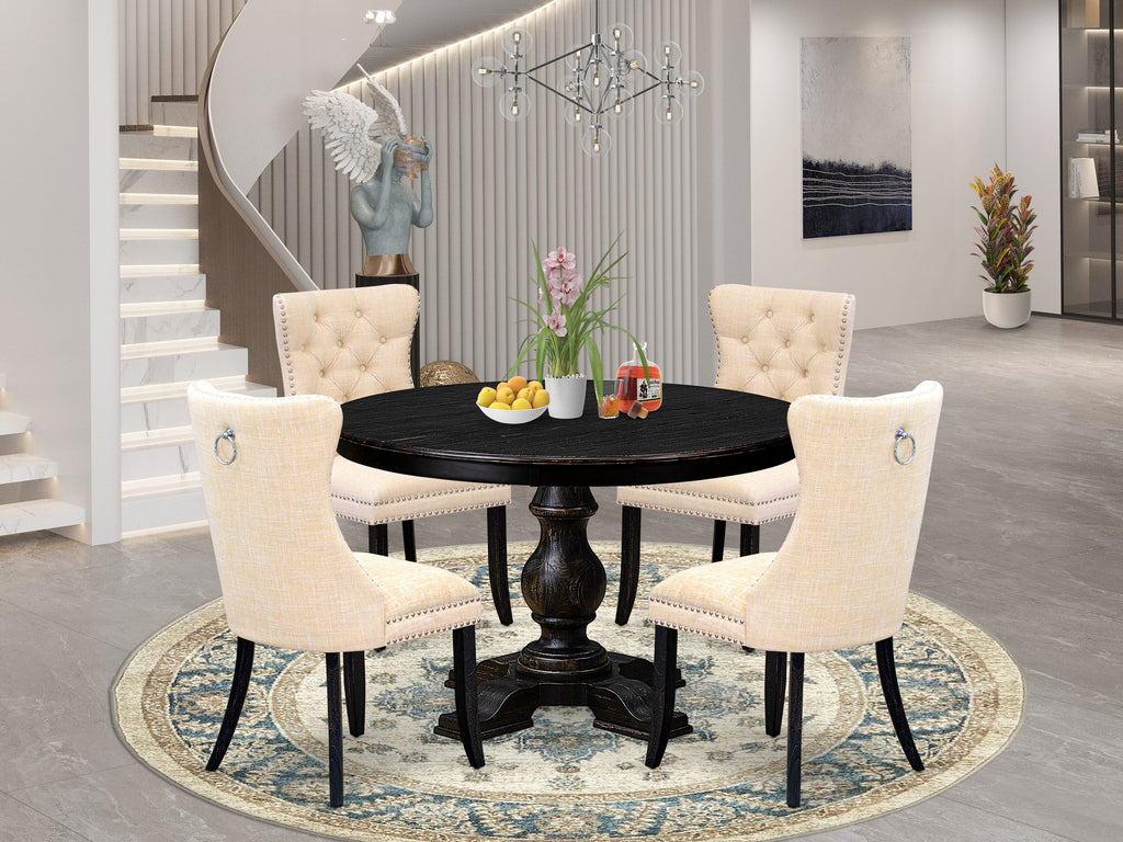 Luxe by East West Furniture F5DA5-411-32 5-piece Dinner Set included a modern table and 4 Light Beige Linen Fabric dining chairs with Button Tufted Back - Sand Blasted Black