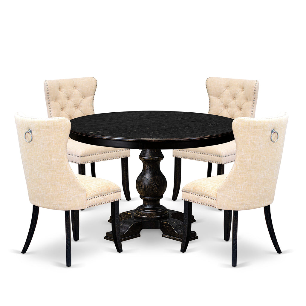 Luxe by East West Furniture F5DA5-411-32 5-piece Dinner Set included a modern table and 4 Light Beige Linen Fabric dining chairs with Button Tufted Back - Sand Blasted Black