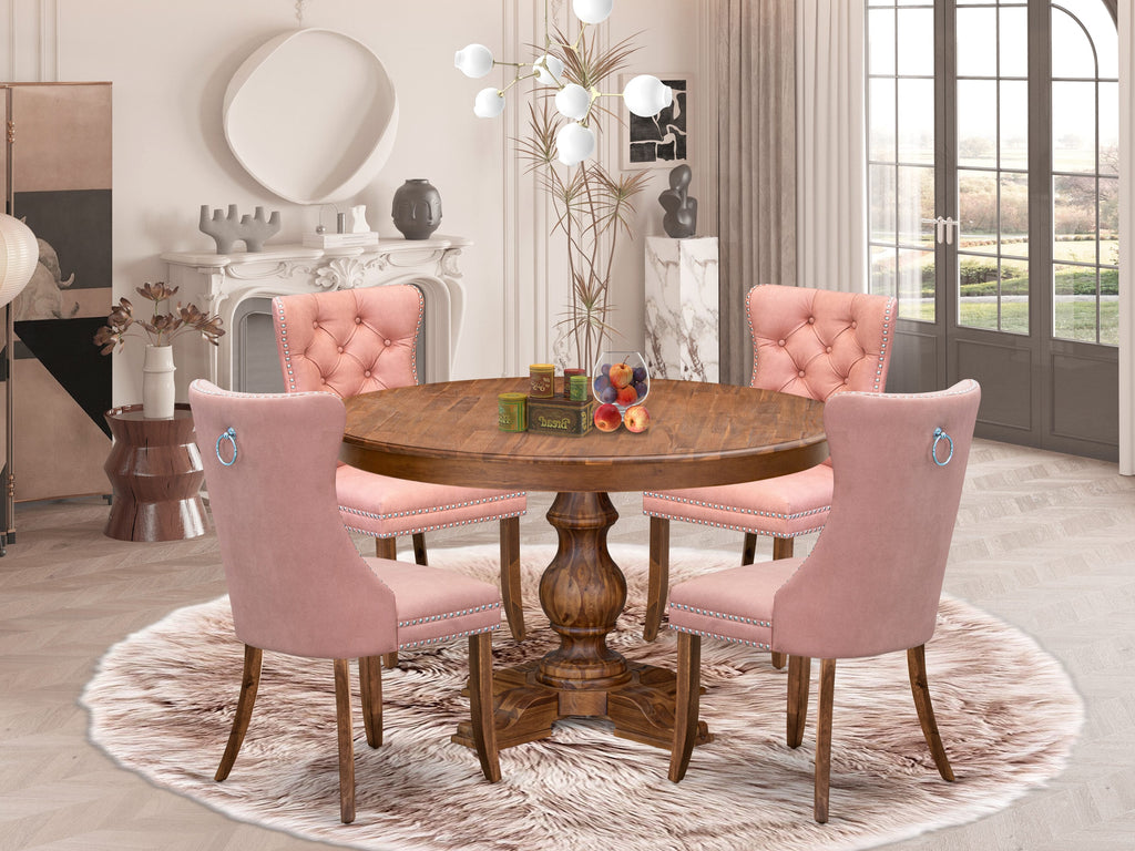 Luxe by East West Furniture F5DA5-50N-23 5-Pc Dining Set Contain a Wooden Kitchen Table and 4 Beige Red Faux Leather Parson Chairs with Button-Tufted Back, Antique Walnut