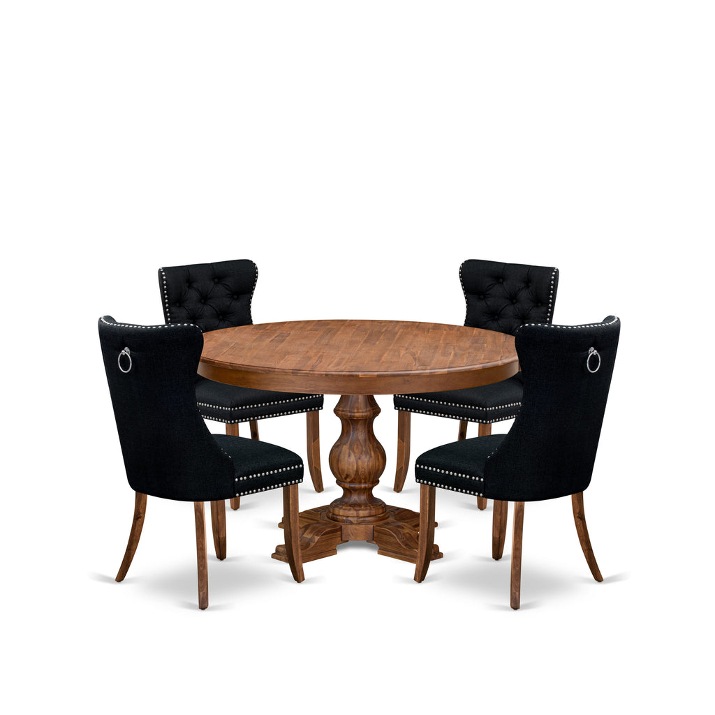 Luxe by East West Furniture F5DA5-50N-24 5-Piece Kitchen Table Set with Linen Fabric 4 Black Parson chairs, Button-Tufted Backs, and a 54"Round Table in Antique Walnut Finish.