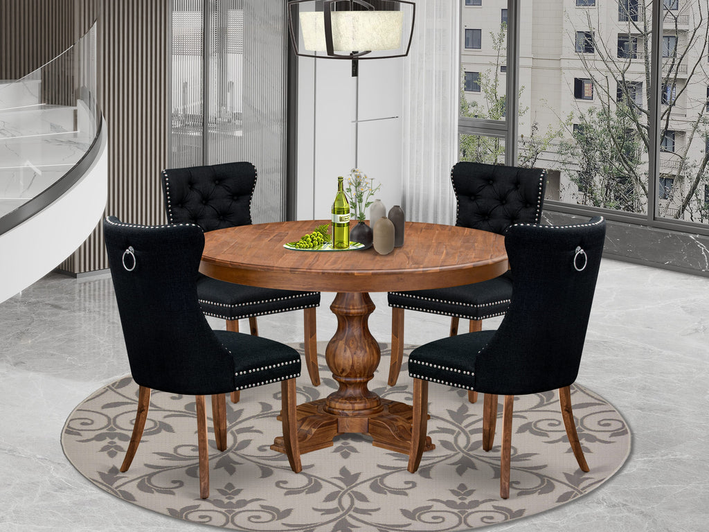 Luxe by East West Furniture F5DA5-50N-24 5-Piece Kitchen Table Set with Linen Fabric 4 Black Parson chairs, Button-Tufted Backs, and a 54"Round Table in Antique Walnut Finish.