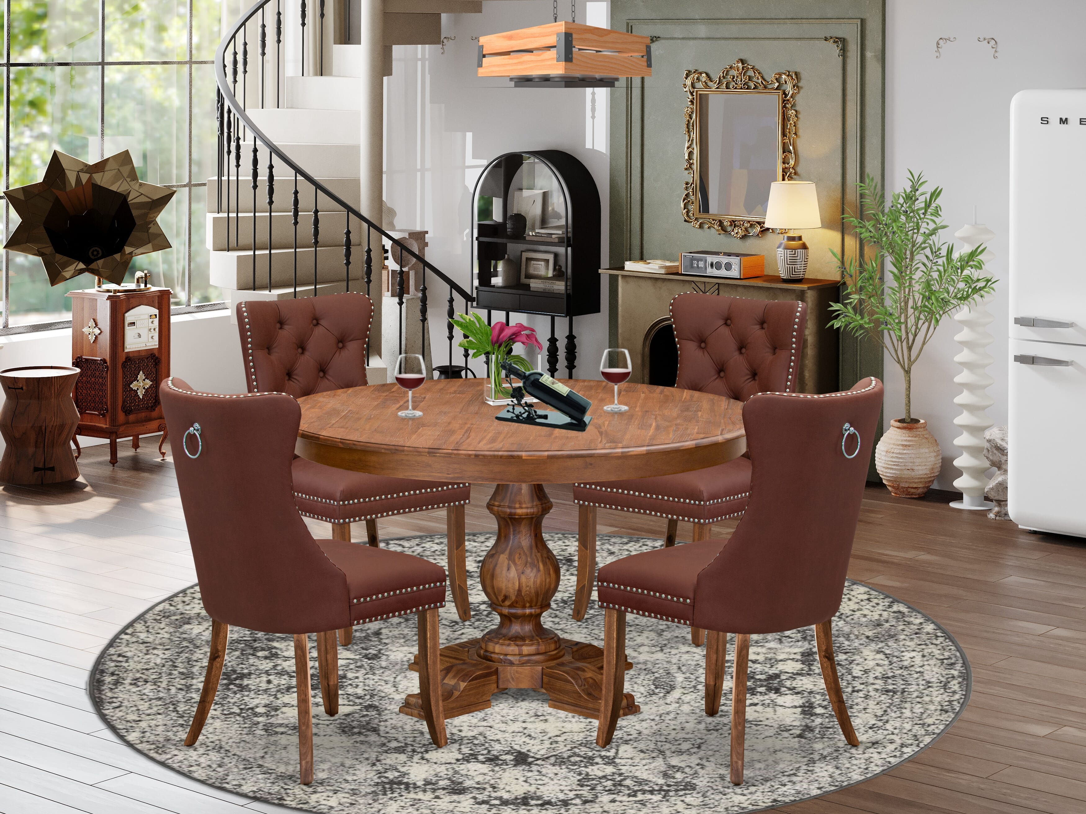 Luxe by East West Furniture F5DA5-50N-26 5-Pc Dining Set Contain a Wooden Table and 4 Burgundy Faux Leather Upholstered Dining Chairs with Button-Tufted Back, Antique Walnut