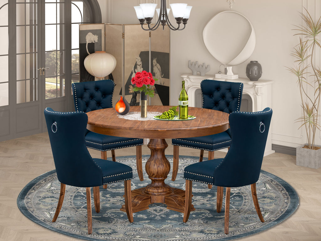 Luxe by East West Furniture F5DA5-50N-29 5-Pc Dining Room Table Set Contain a Wooden Kitchen Table and 4 Navy Blue Faux Leather Chairs with Button-Tufted Back, Antique Walnut
