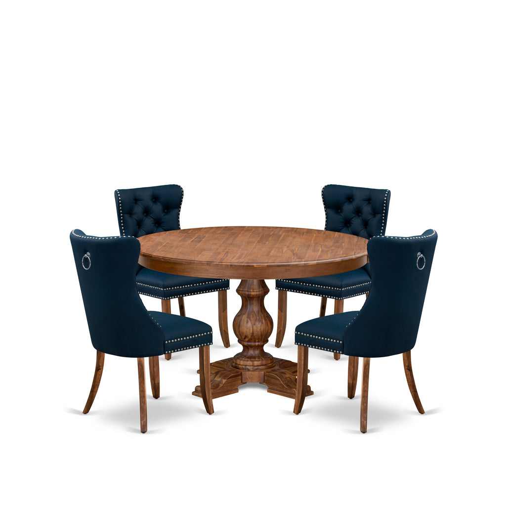 Luxe by East West Furniture F5DA5-50N-29 5-Pc Dining Room Table Set Contain a Wooden Kitchen Table and 4 Navy Blue Faux Leather Chairs with Button-Tufted Back, Antique Walnut