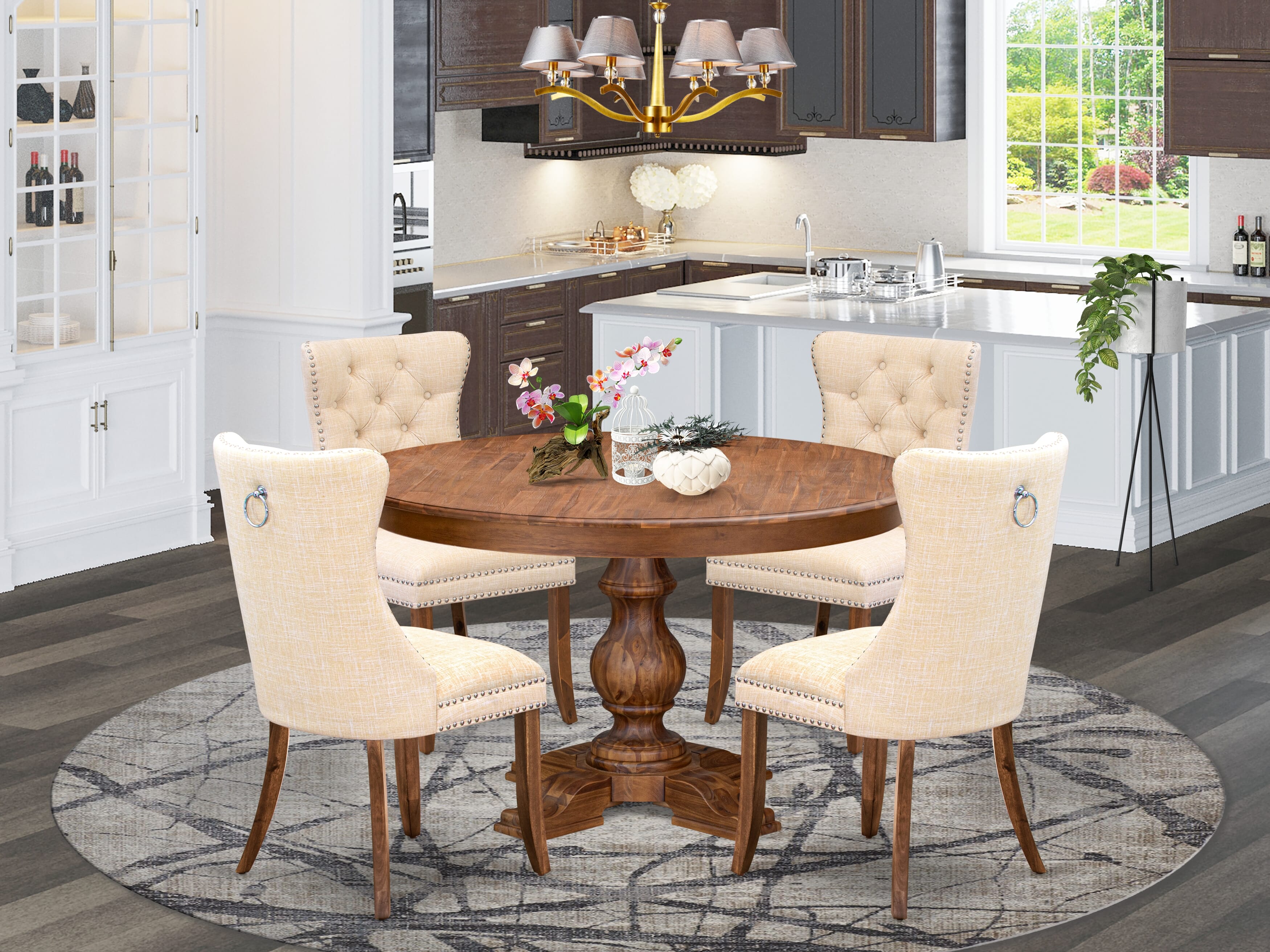 Luxe by East West Furniture F5DA5-50N-32 5-Piece Kitchen Table Set with Linen Fabric 4 Light Beige Dining chairs, Button-Tufted Backs, and a 54"Round Table in Antique Walnut Finish.
