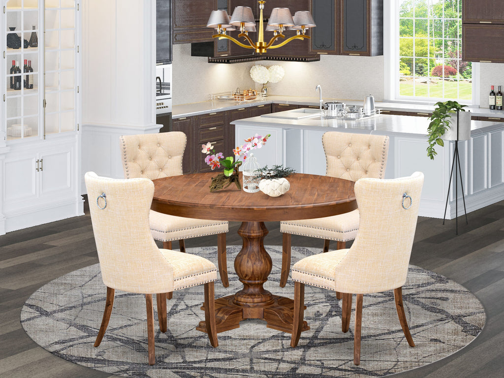 Luxe by East West Furniture F5DA5-50N-32 5-Piece Kitchen Table Set with Linen Fabric 4 Light Beige Dining chairs, Button-Tufted Backs, and a 54"Round Table in Antique Walnut Finish.