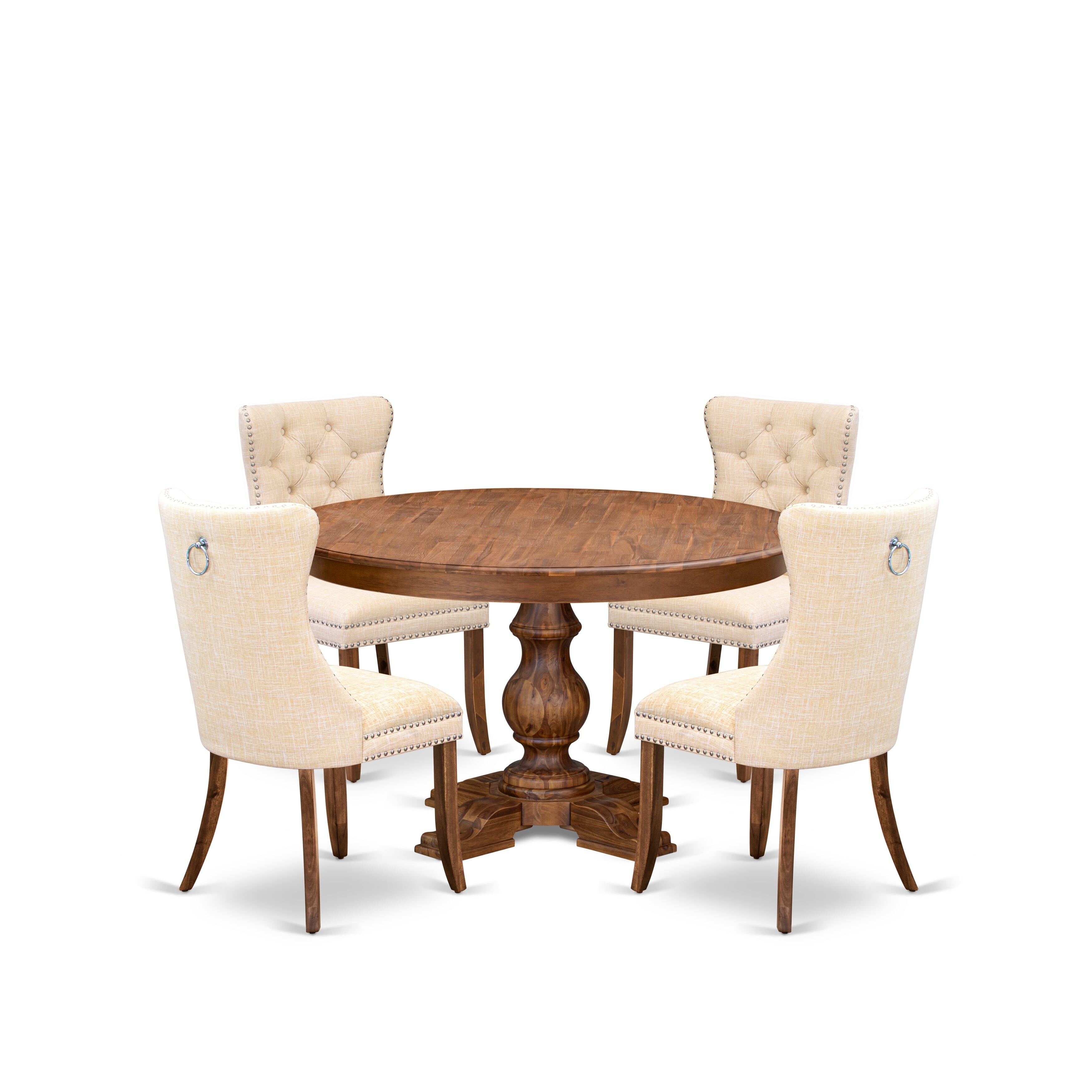 Luxe by East West Furniture F5DA5-50N-32 5-Piece Kitchen Table Set with Linen Fabric 4 Light Beige Dining chairs, Button-Tufted Backs, and a 54"Round Table in Antique Walnut Finish.