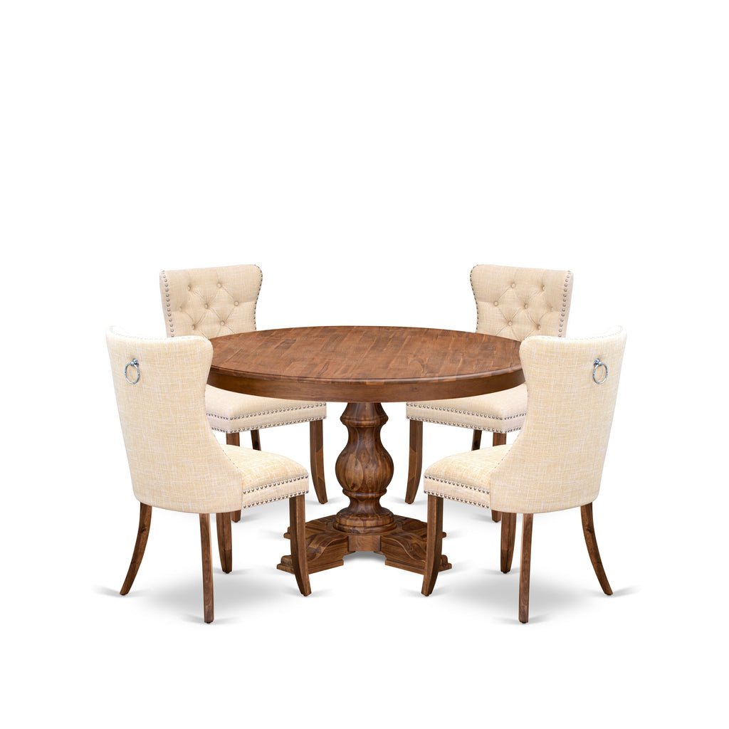 Luxe by East West Furniture F5DA5-50N-32 5-Piece Kitchen Table Set with Linen Fabric 4 Light Beige Dining chairs, Button-Tufted Backs, and a 54"Round Table in Antique Walnut Finish.