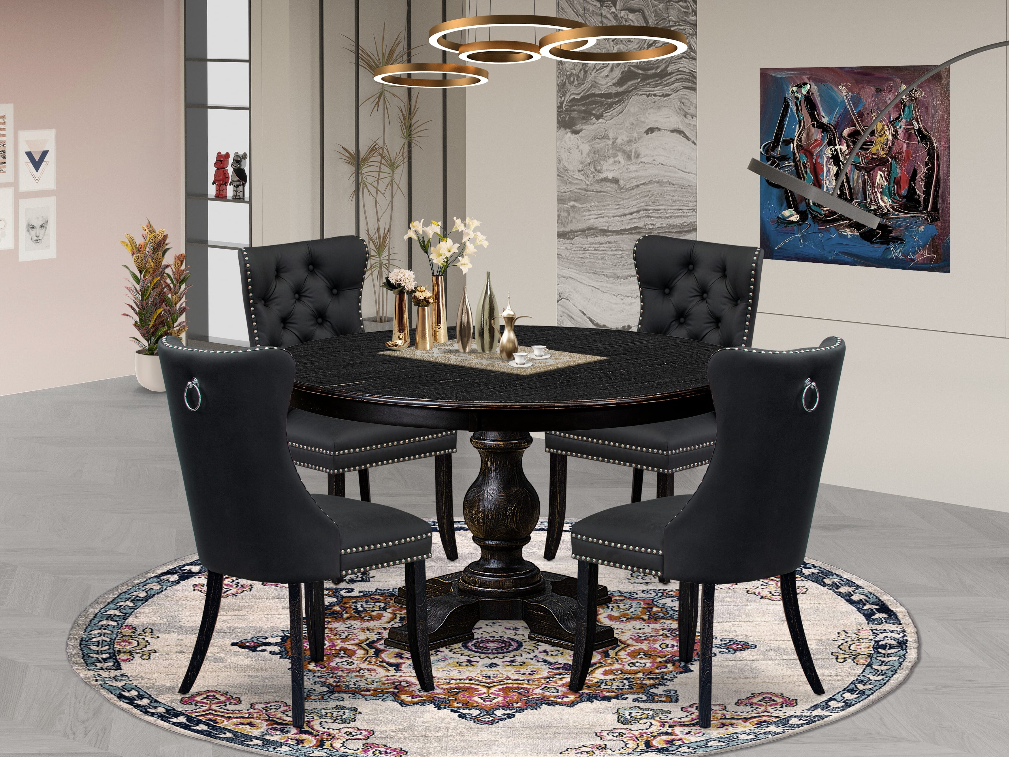 Luxe by East West Furniture F5DA5-511-12 5-Piece Dining Room Set with Faux Leather 4 Dark Gray Kitchen chairs, Button-Tufted Backs, and a 54"Round Table in Sand Blasted Black Finish.