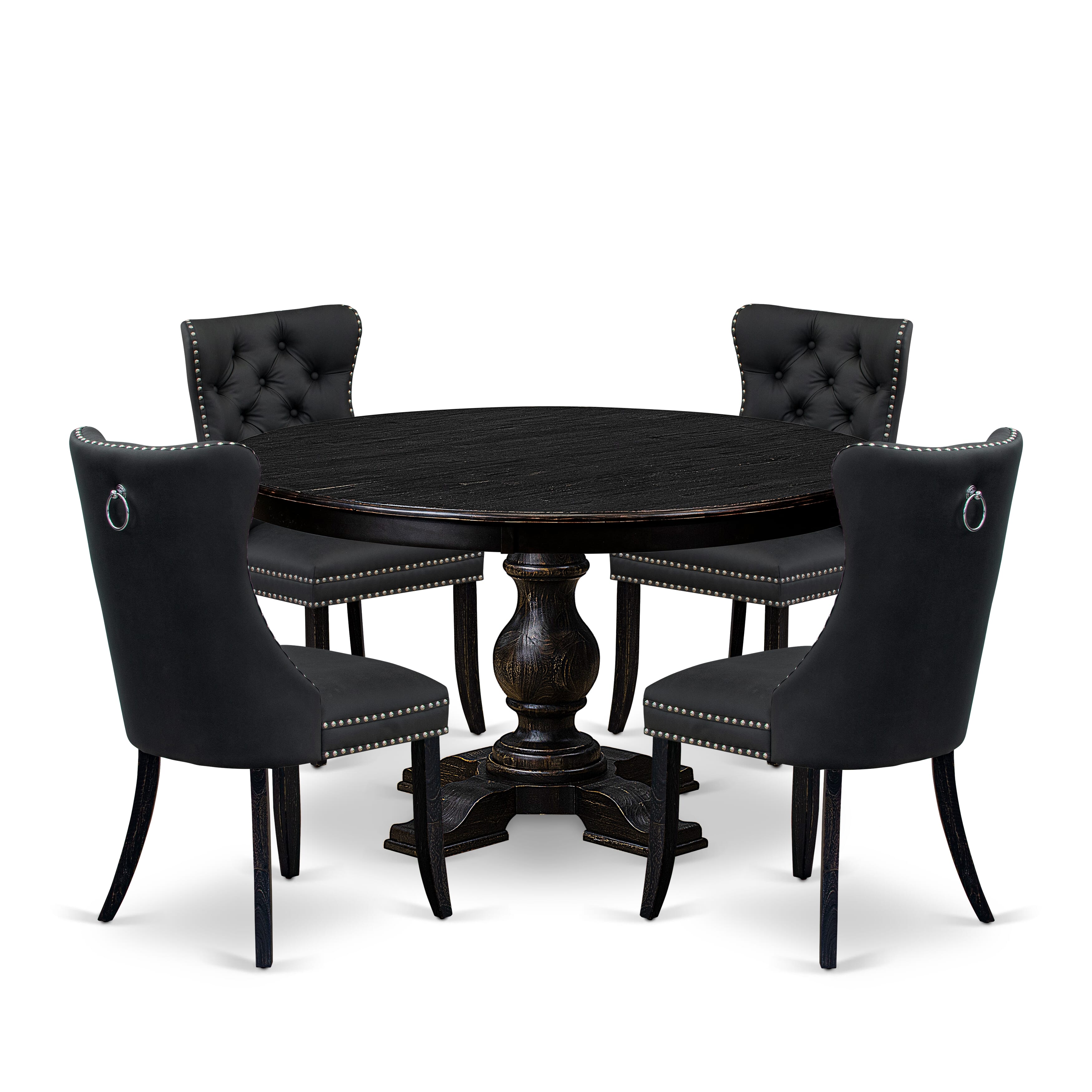 Luxe by East West Furniture F5DA5-511-12 5-Piece Dining Room Set with Faux Leather 4 Dark Gray Kitchen chairs, Button-Tufted Backs, and a 54"Round Table in Sand Blasted Black Finish.