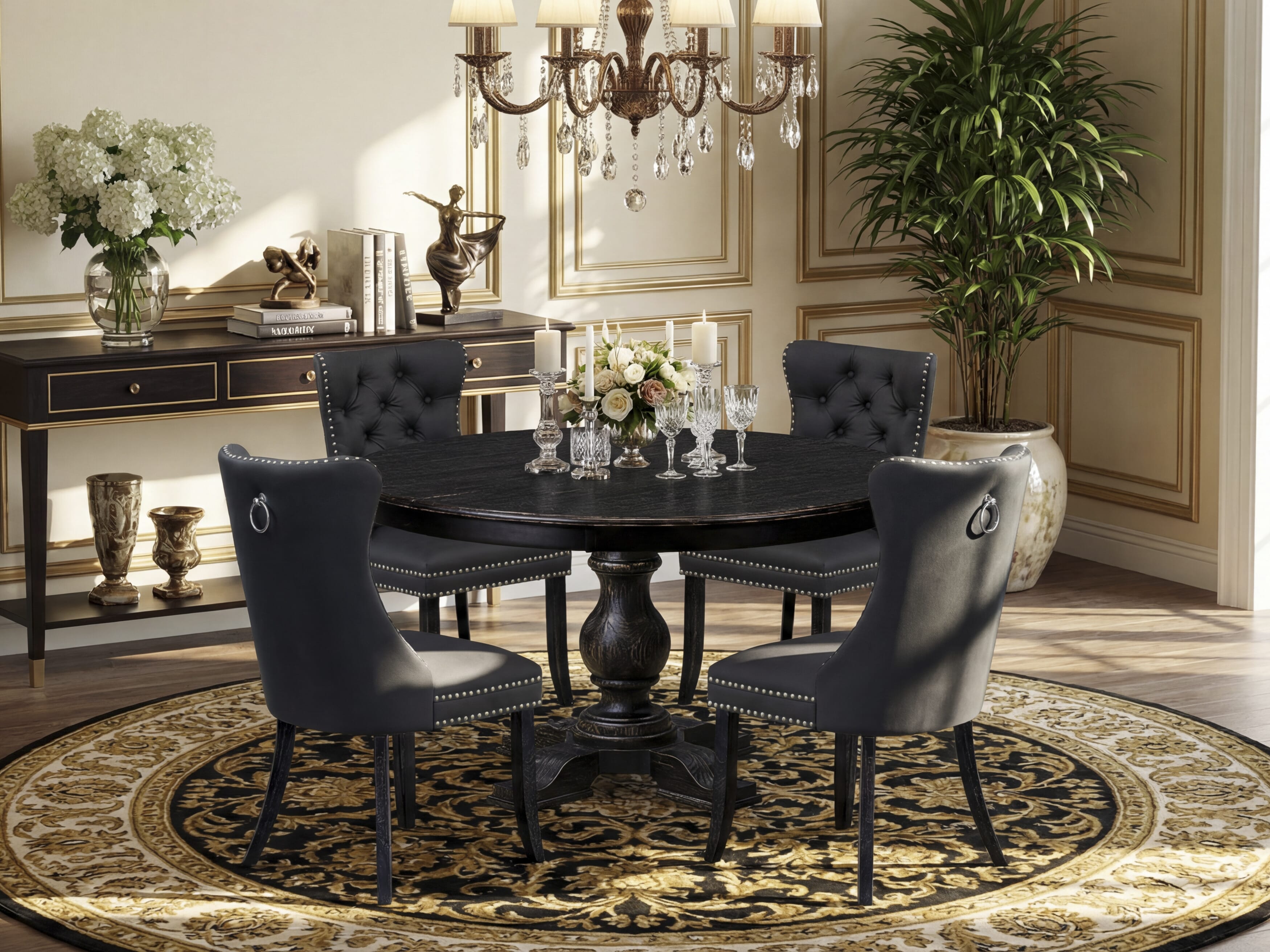 Luxe by East West Furniture F5DA5-511-12 5-Piece Dining Room Set with Faux Leather 4 Dark Gray Kitchen chairs, Button-Tufted Backs, and a 54"Round Table in Sand Blasted Black Finish.