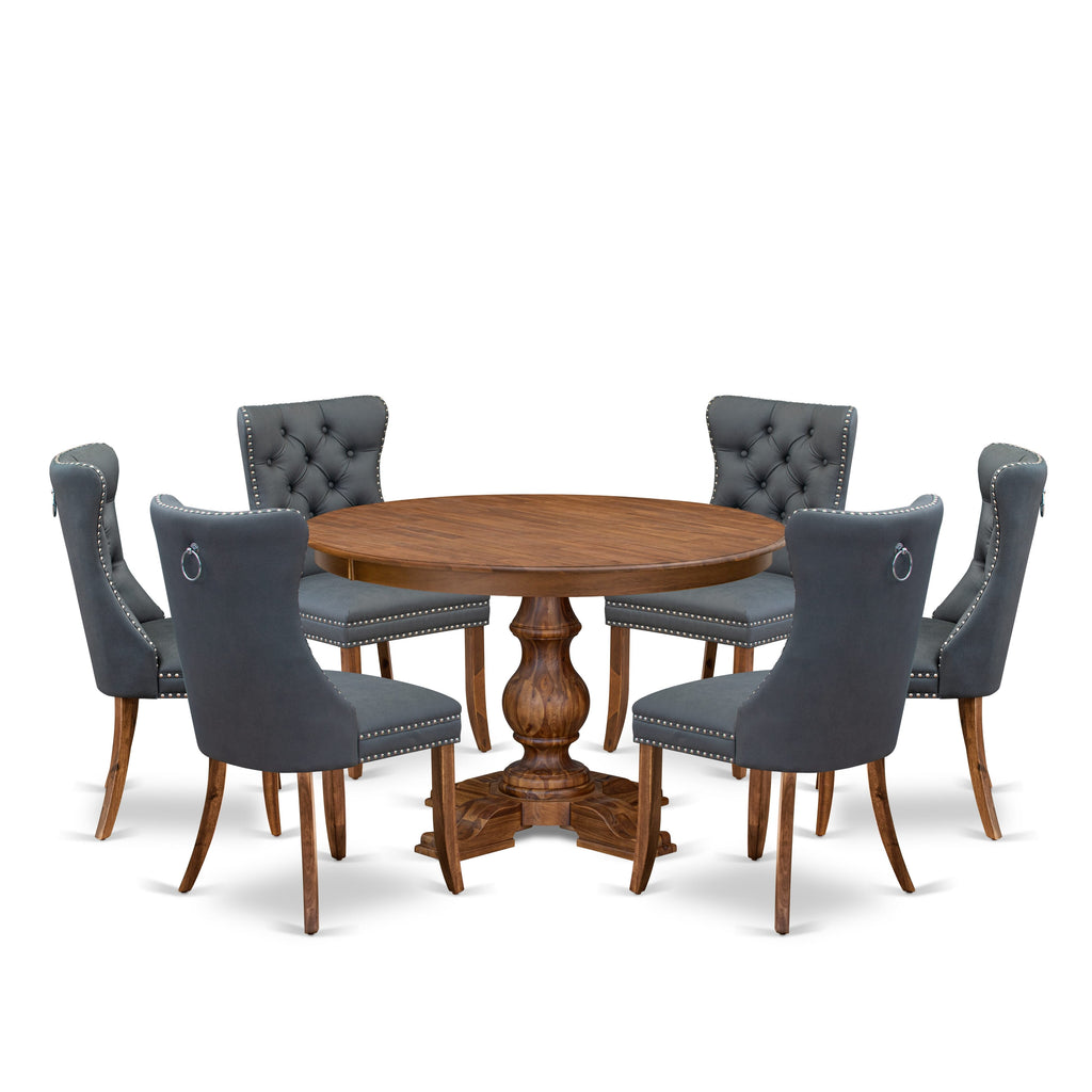 Luxe by East West Furniture F5DA7-40N-13 7-piece Mid-century Dining table set included a Kitchen Table and 6 Platinum Gray Faux Leather Dining Chairs with Button Tufted Back - Antique Walnut Finish