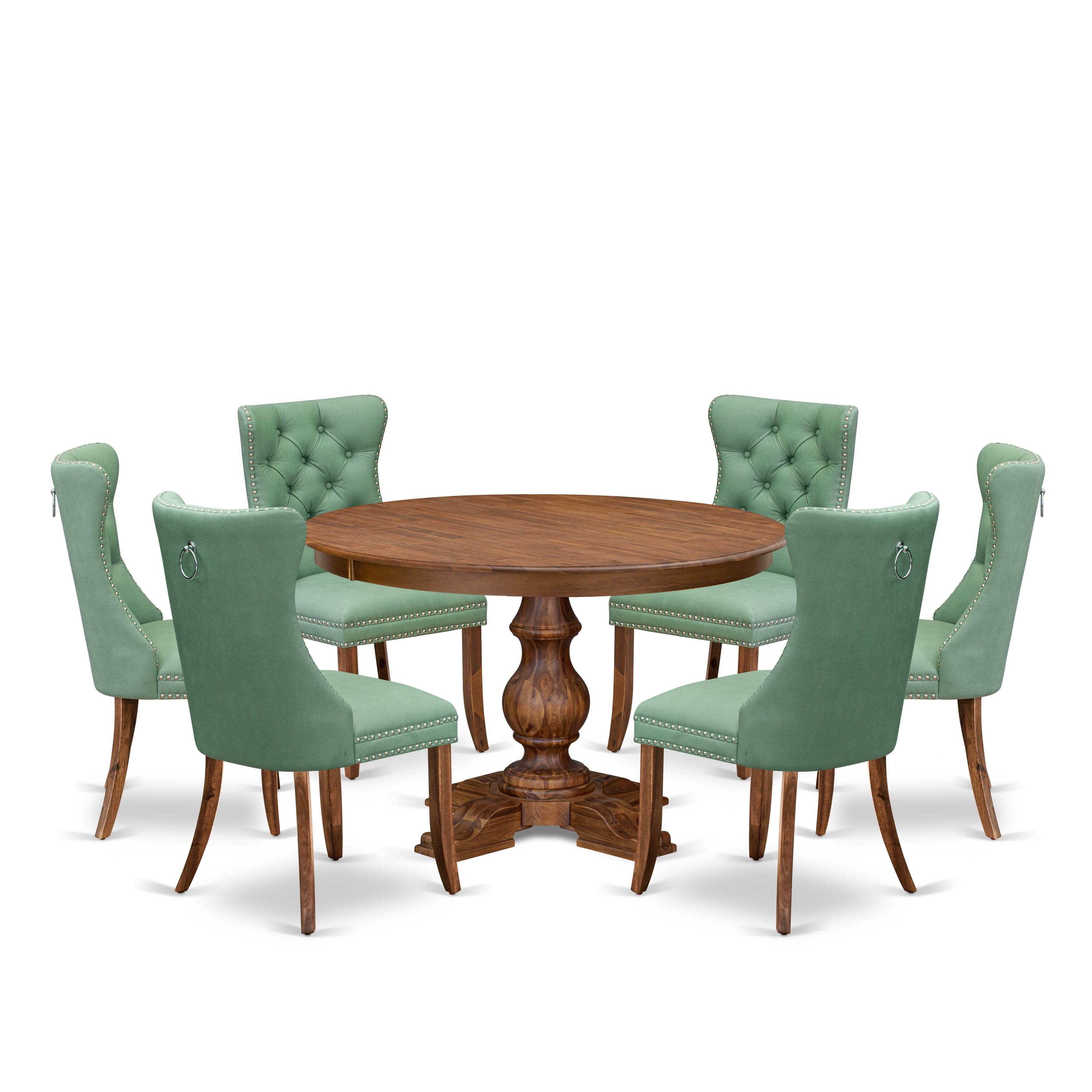 Luxe by East West Furniture F5DA7-40N-22 7-Pc Mid Century Dining Set Include a Dining Table and 6 Willow Green Faux Leather Chairs with Button-Tufted Back, Antique Walnut