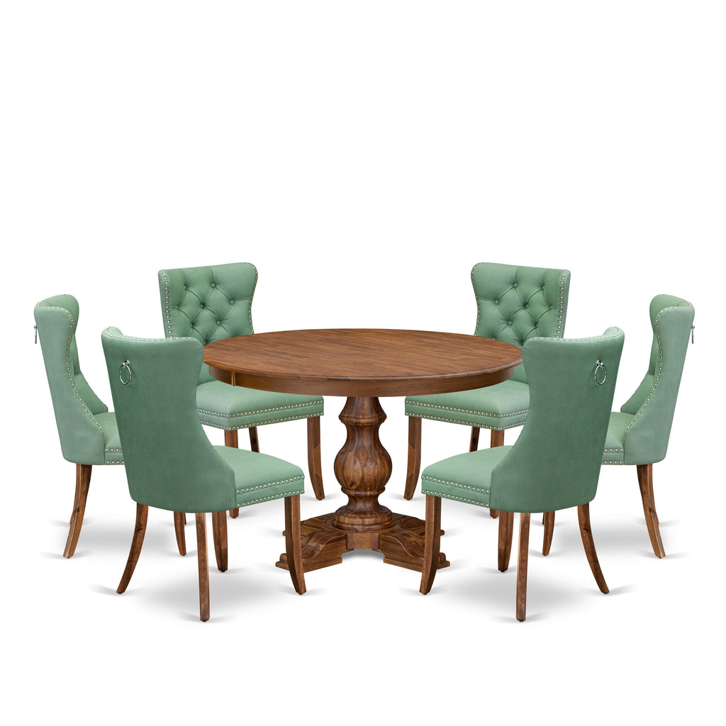 Luxe by East West Furniture F5DA7-40N-22 7-Pc Mid Century Dining Set Include a Dining Table and 6 Willow Green Faux Leather Chairs with Button-Tufted Back, Antique Walnut