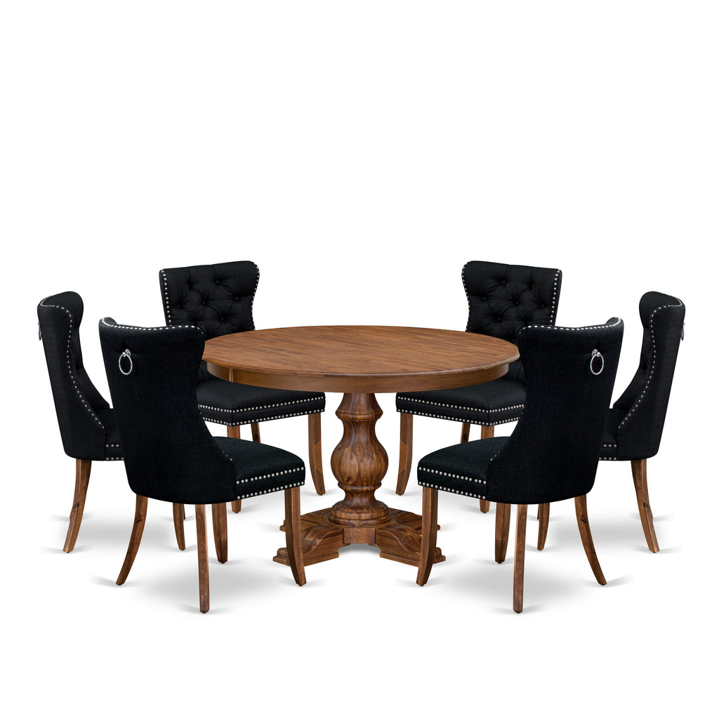 Luxe by East West Furniture F5DA7-40N-24 7-Piece Dining Table Set with Linen Fabric 6 Black Padded chairs, Button-Tufted Backs, and a 48"Round Kitchen Table in Antique Walnut Finish.