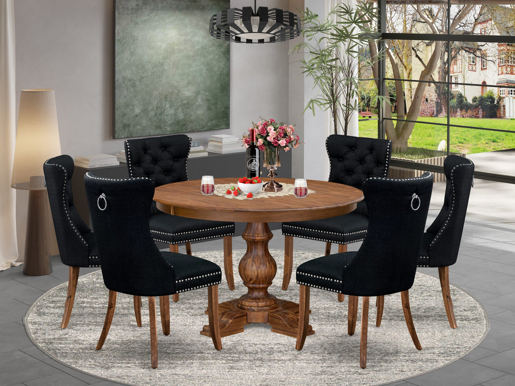 Luxe by East West Furniture F5DA7-40N-24 7-Piece Dining Table Set with Linen Fabric 6 Black Padded chairs, Button-Tufted Backs, and a 48"Round Kitchen Table in Antique Walnut Finish.