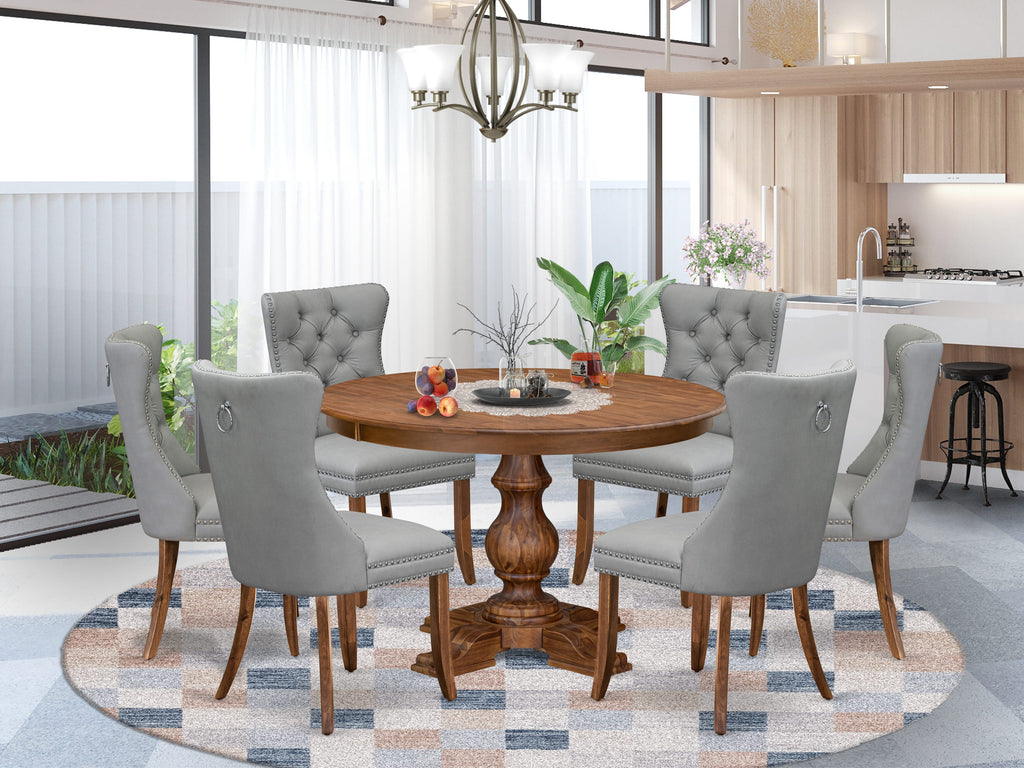 Luxe by East West Furniture F5DA7-40N-27 7-Pc Modern Dining Set Include a Modern Table and 6 Light Gray Faux Leather Upholstered Chairs with Button-Tufted Back, Antique Walnut