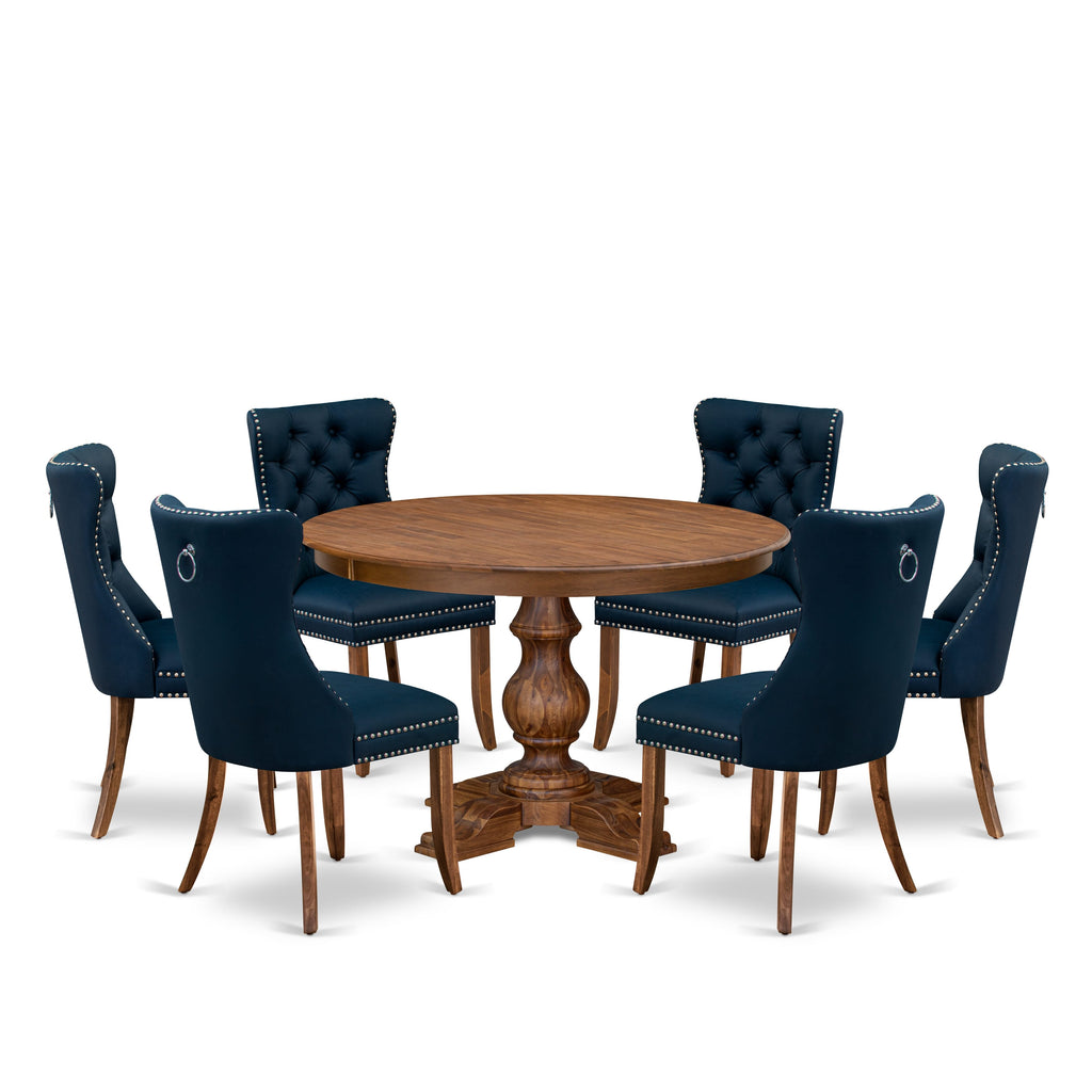 Luxe by East West Furniture F5DA7-40N-29 7-Piece Kitchen Table Set featuring 6 navy blue faux leather dining chairs with button-tufted backs and a 48" round kitchen table in an antique walnut finish.