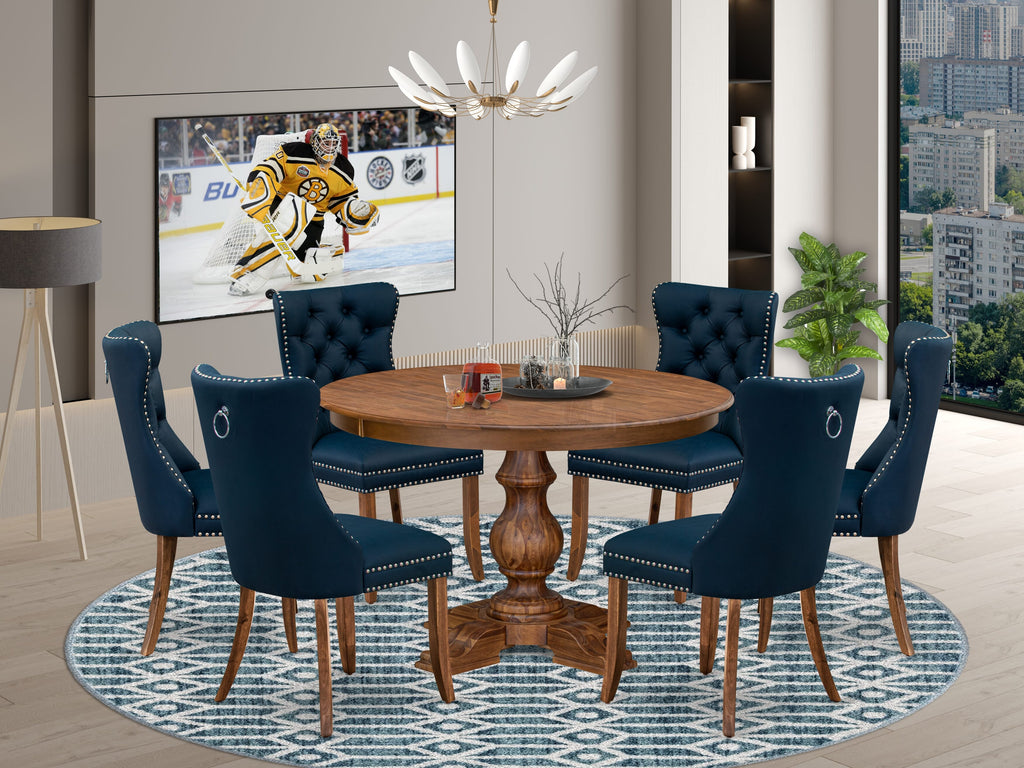 Luxe by East West Furniture F5DA7-40N-29 7-Piece Kitchen Table Set featuring 6 navy blue faux leather dining chairs with button-tufted backs and a 48" round kitchen table in an antique walnut finish.