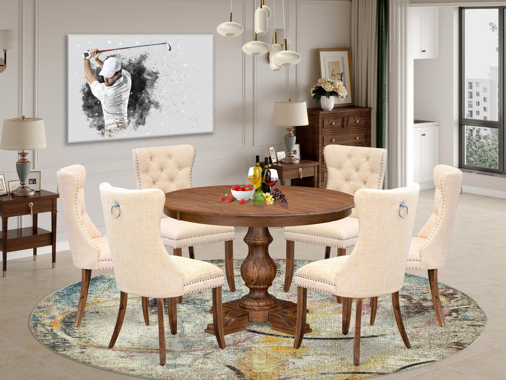 Luxe by East West Furniture F5DA7-40N-32 7-Piece Modern Dining Set with Linen Fabric 6 Light Beige Kitchen chairs, Button-Tufted Backs, and a 48"Round Breakfast Table in Antique Walnut Finish.