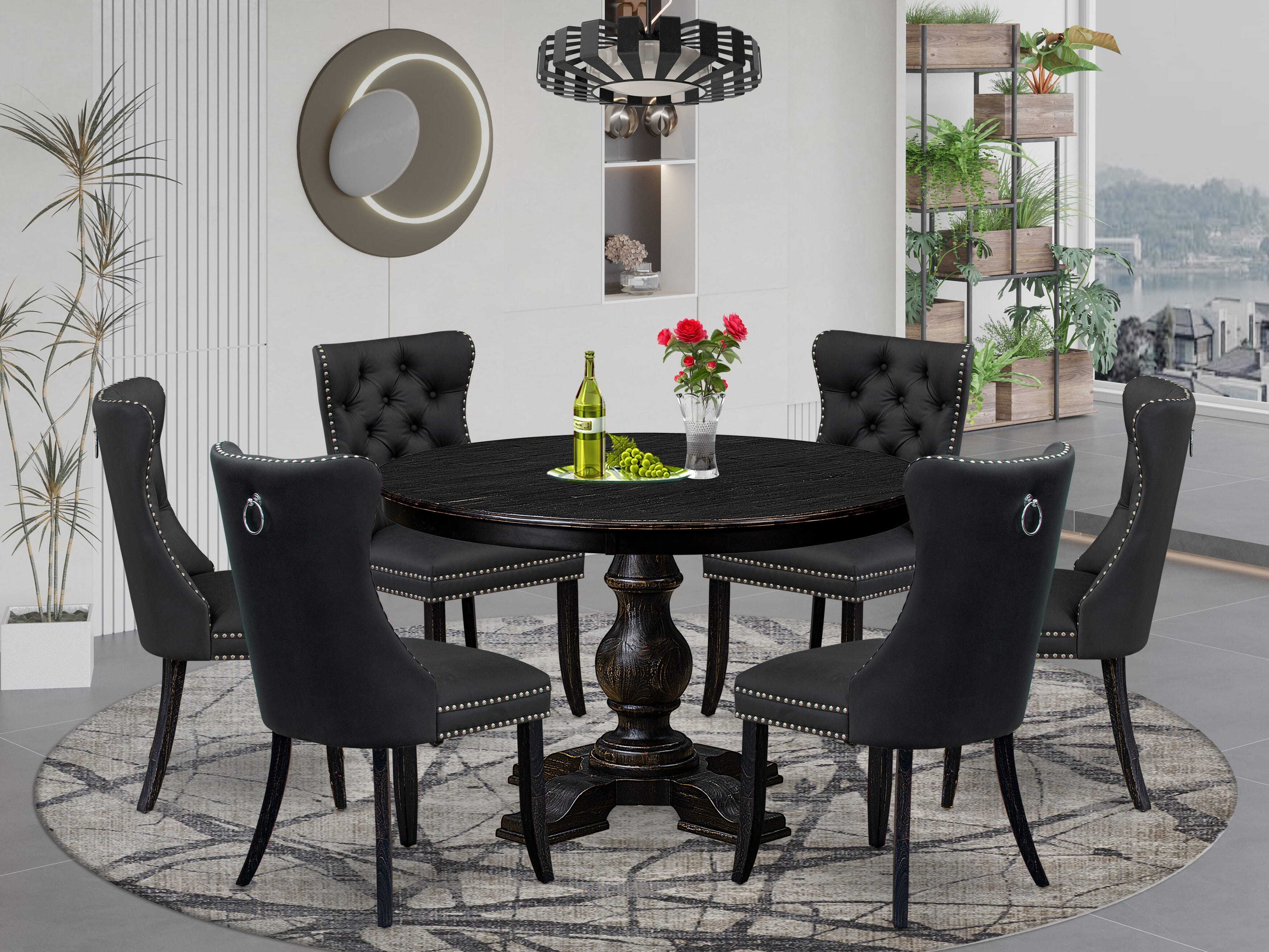 Luxe by East West Furniture F5DA7-411-12 7-Piece Dining Table Set with Faux Leather 6 Dark Gray modern dining chairs, Button-Tufted Backs, and a 48"Round Table in Sand Blasted Black Finish.