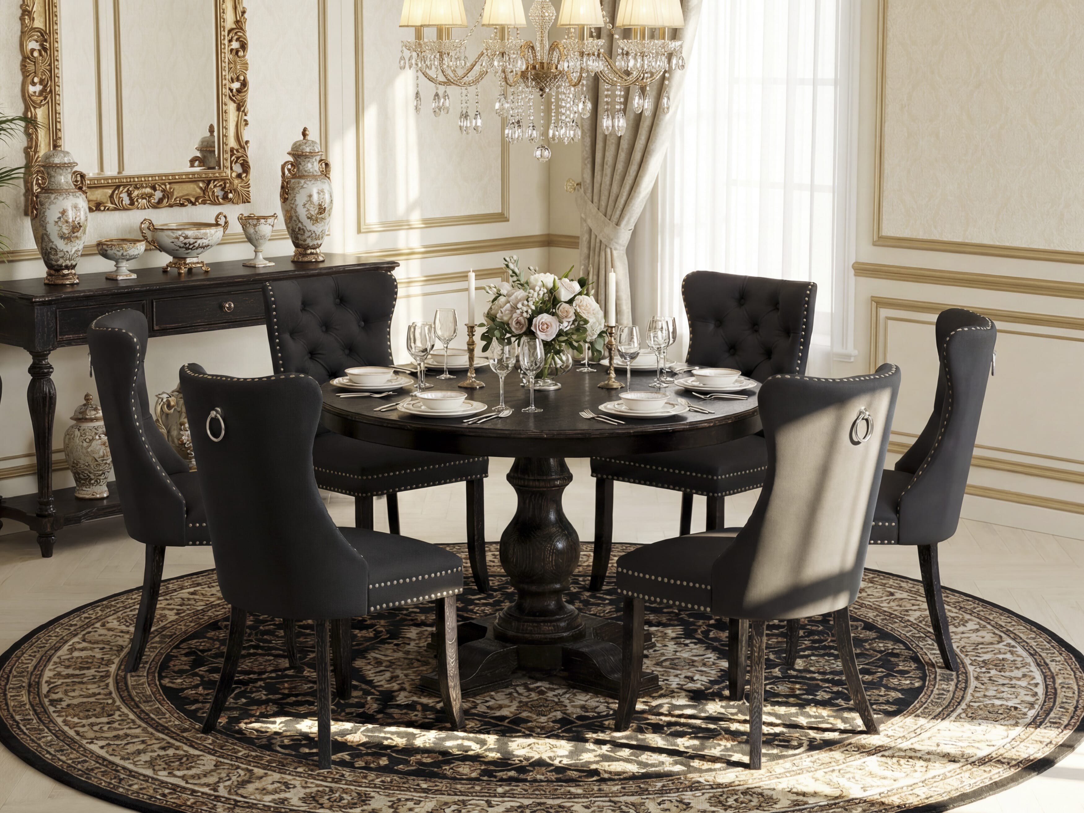 Luxe by East West Furniture F5DA7-411-12 7-Piece Dining Table Set with Faux Leather 6 Dark Gray modern dining chairs, Button-Tufted Backs, and a 48"Round Table in Sand Blasted Black Finish.