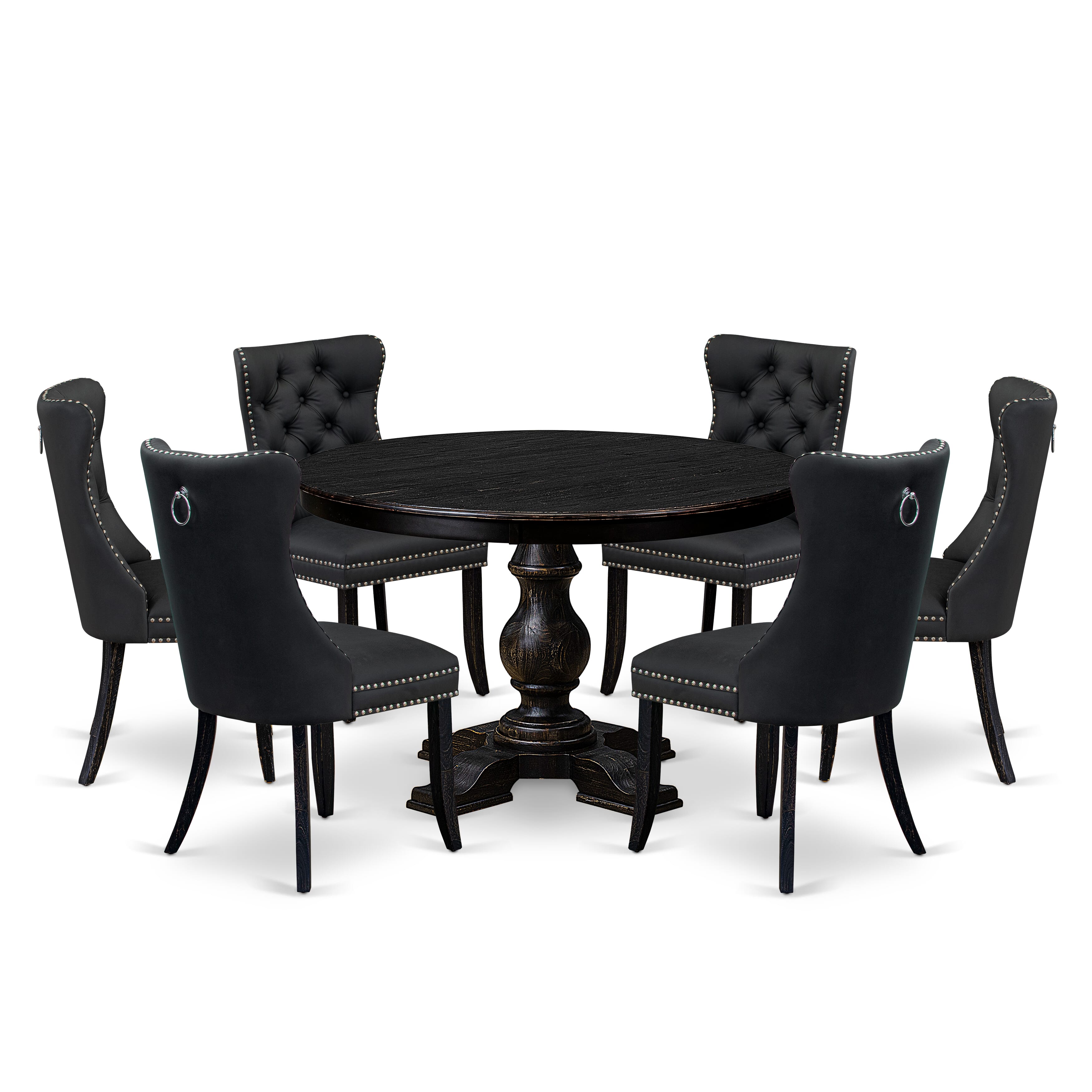 Luxe by East West Furniture F5DA7-411-12 7-Piece Dining Table Set with Faux Leather 6 Dark Gray modern dining chairs, Button-Tufted Backs, and a 48"Round Table in Sand Blasted Black Finish.