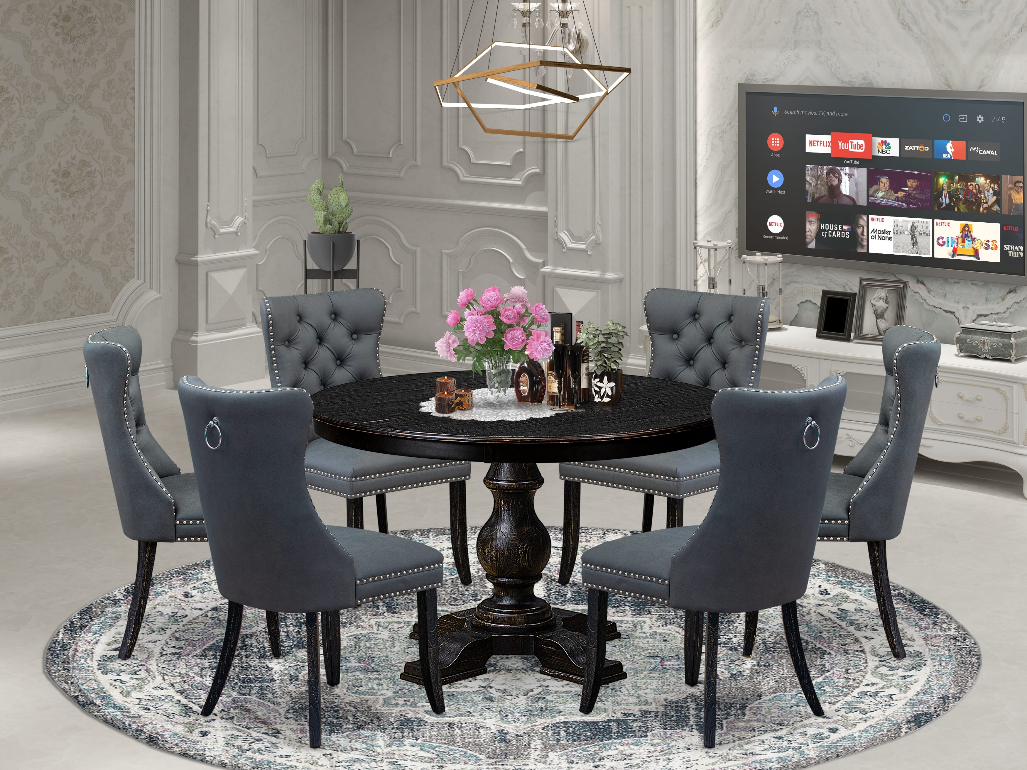 Luxe by East West Furniture F5DA7-411-13 7-piece Kitchen Table Set with Faux Leather 6 Platinum Gray Dining Room chairs, Button-Tufted Backs, and a 48"Round Kitchen Table in Sand Blasted Black Finish.