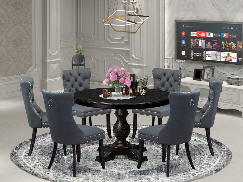 Luxe by East West Furniture F5DA7-411-13 7-piece Kitchen Table Set with Faux Leather 6 Platinum Gray Dining Room chairs, Button-Tufted Backs, and a 48"Round Kitchen Table in Sand Blasted Black Finish.