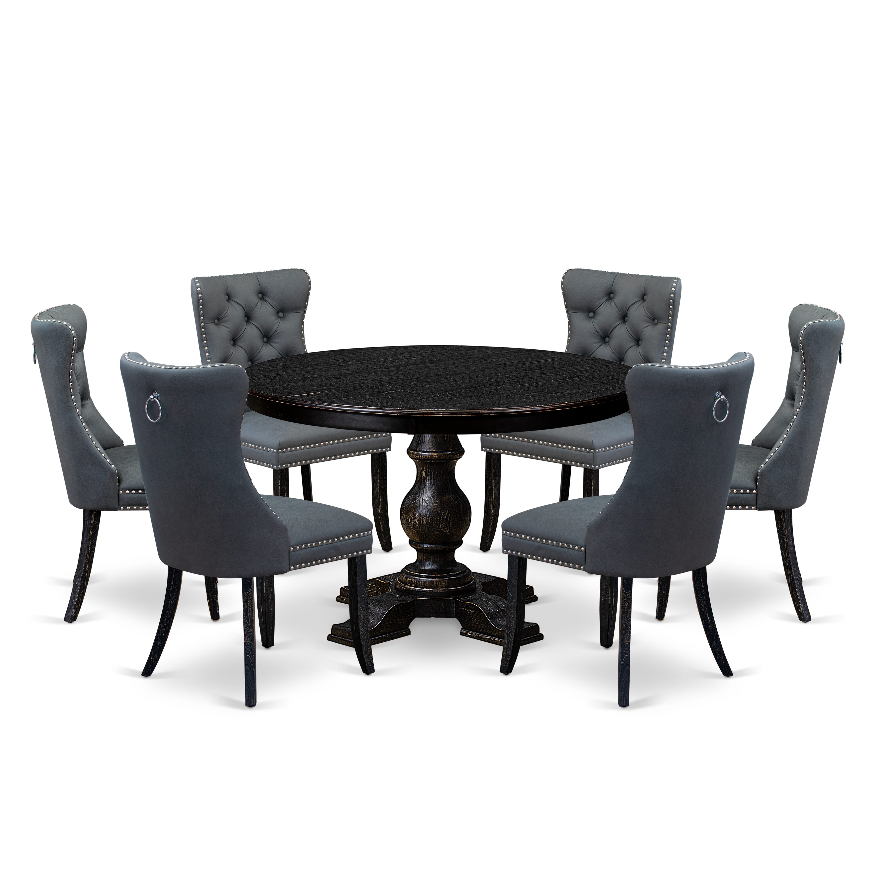 Luxe by East West Furniture F5DA7-411-13 7-piece Kitchen Table Set with Faux Leather 6 Platinum Gray Dining Room chairs, Button-Tufted Backs, and a 48"Round Kitchen Table in Sand Blasted Black Finish.