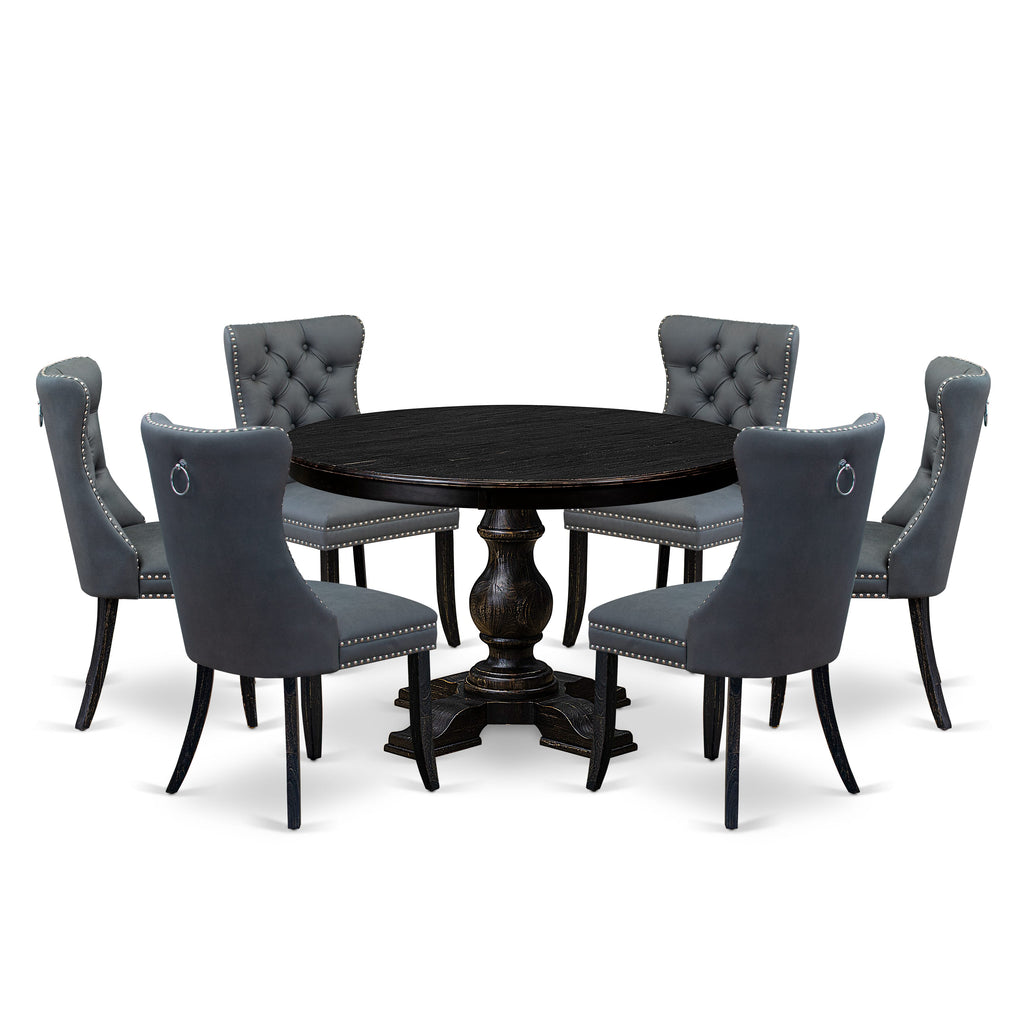 Luxe by East West Furniture F5DA7-411-13 7-piece Kitchen Table Set with Faux Leather 6 Platinum Gray Dining Room chairs, Button-Tufted Backs, and a 48"Round Kitchen Table in Sand Blasted Black Finish.