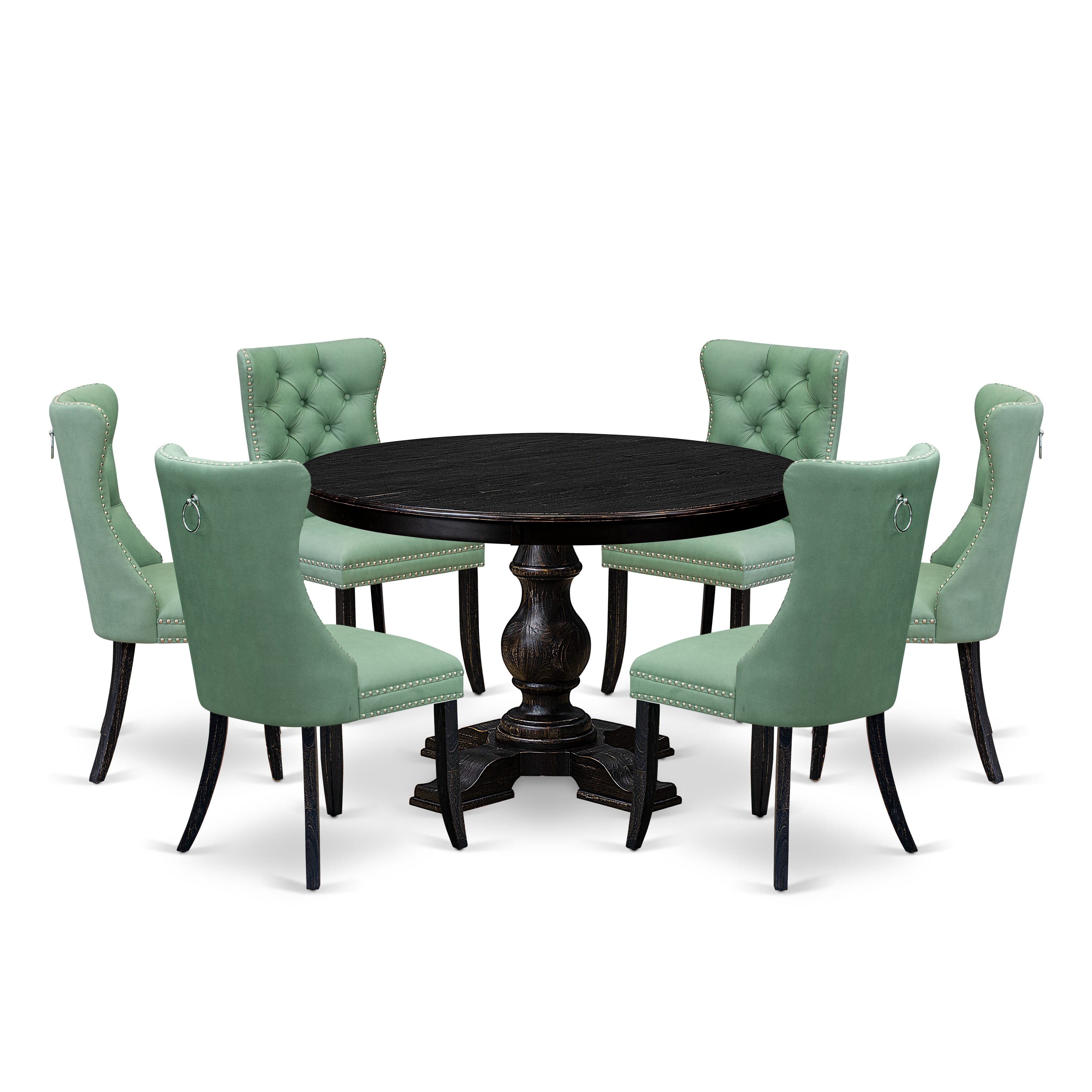 Luxe by East West Furniture F5DA7-411-22 7 Piece Dinette Set Contains a 48" Round Table with Pedestal and 6 Willow Green Faux Leather Upholstered Chairs, Sand Blasted Black