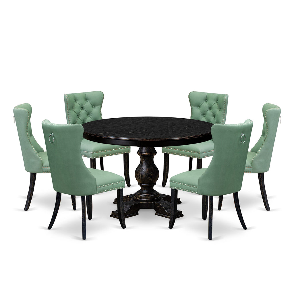 Luxe by East West Furniture F5DA7-411-22 7 Piece Dinette Set Contains a 48" Round Table with Pedestal and 6 Willow Green Faux Leather Upholstered Chairs, Sand Blasted Black
