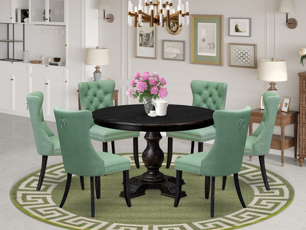 Luxe by East West Furniture F5DA7-411-22 7 Piece Dinette Set Contains a 48" Round Table with Pedestal and 6 Willow Green Faux Leather Upholstered Chairs, Sand Blasted Black