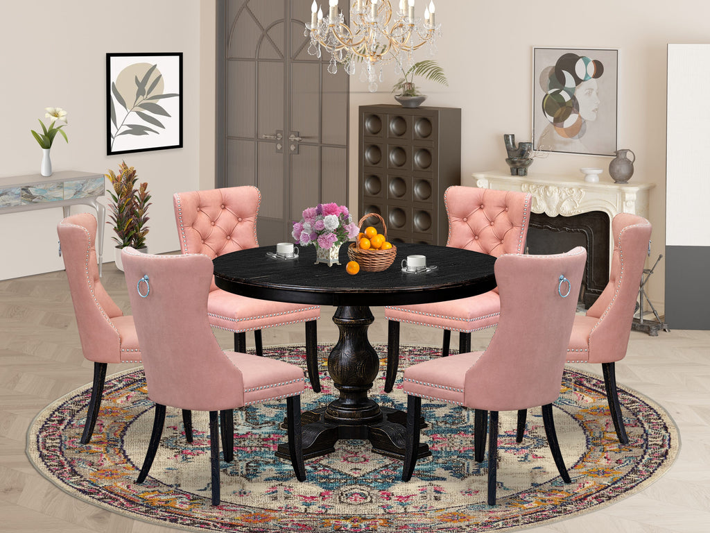Luxe by East West Furniture F5DA7-411-23 7 Piece Dining Set Includes a 48" Round Kitchen Table with Pedestal and 6 Beige Red Faux Leather Parson Chairs, Sand Blasted Black