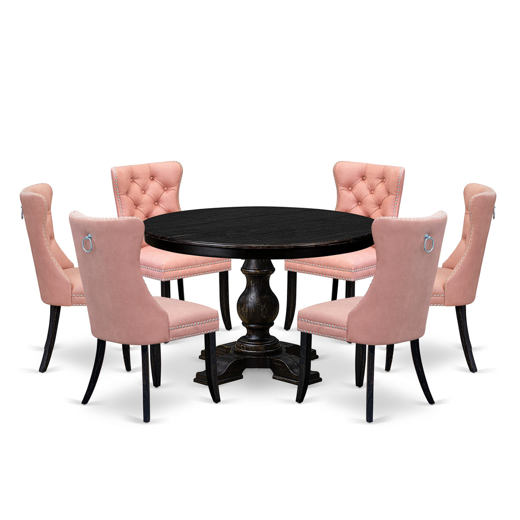 Luxe by East West Furniture F5DA7-411-23 7 Piece Dining Set Includes a 48" Round Kitchen Table with Pedestal and 6 Beige Red Faux Leather Parson Chairs, Sand Blasted Black