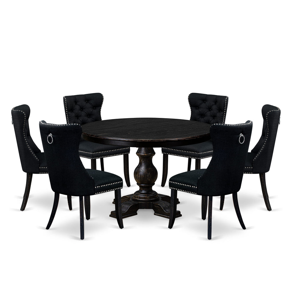 Luxe by East West Furniture F5DA7-411-24 7 Piece Kitchen Table Set Contains a 48" Round Table with Pedestal and 6 Black Linen Fabric Upholstered Chairs, Sand Blasted Black