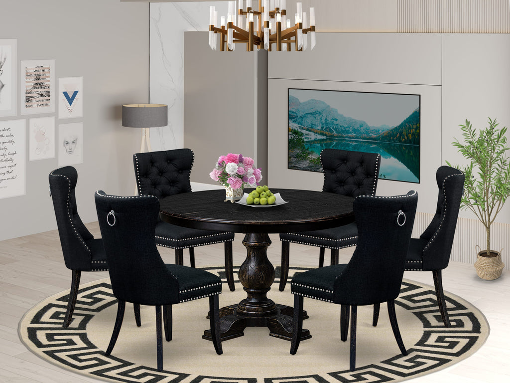 Luxe by East West Furniture F5DA7-411-24 7 Piece Kitchen Table Set Contains a 48" Round Table with Pedestal and 6 Black Linen Fabric Upholstered Chairs, Sand Blasted Black
