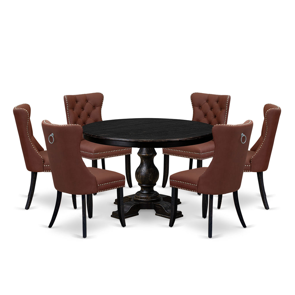 Luxe by East West Furniture F5DA7-411-26 7 Piece Dining Table Set Includes a 48" Round Table with Pedestal and 6 Burgandy Faux Leather Upholstered Chairs, Sand Blasted Black