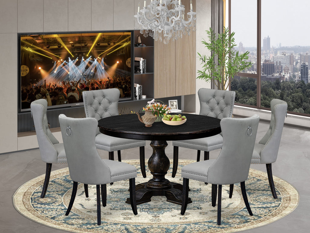 Luxe by East West Furniture F5DA7-411-27 7 Piece Dining Table Set Includes a 48" Round Table with Pedestal and 6 Light Gray Faux Leather Upholstered Chairs, Sand Blasted Black