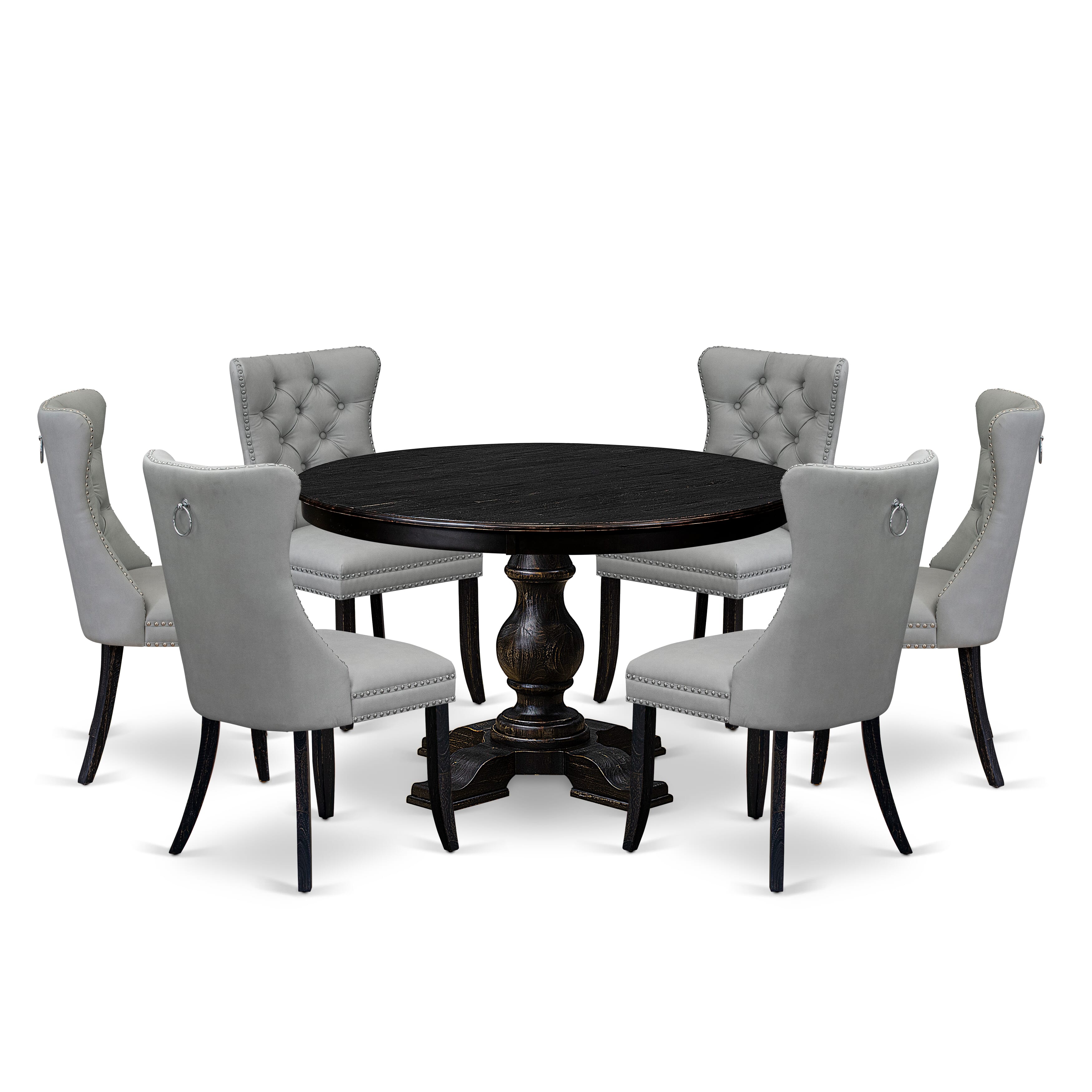 Luxe by East West Furniture F5DA7-411-27 7 Piece Dining Table Set Includes a 48" Round Table with Pedestal and 6 Light Gray Faux Leather Upholstered Chairs, Sand Blasted Black