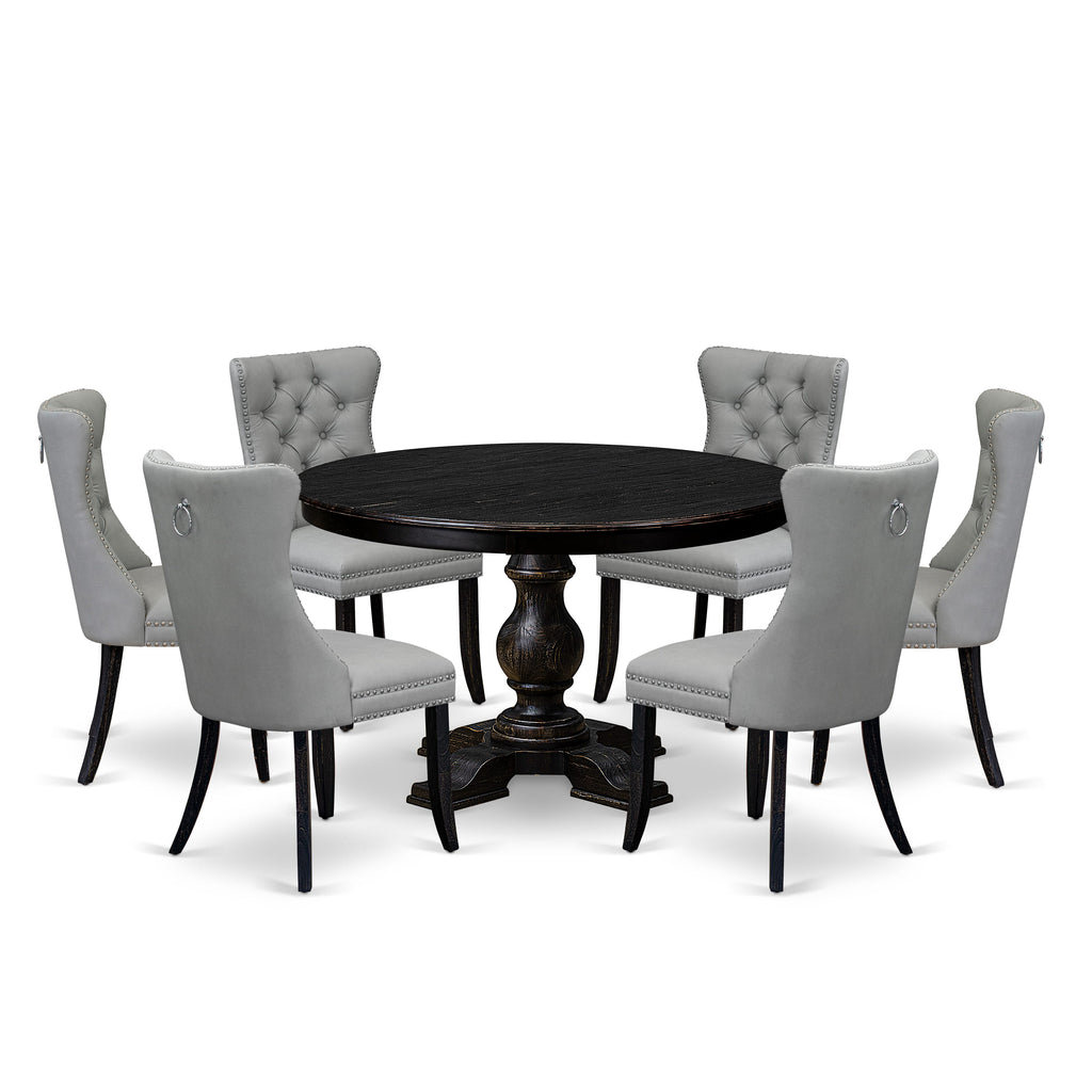 Luxe by East West Furniture F5DA7-411-27 7 Piece Dining Table Set Includes a 48" Round Table with Pedestal and 6 Light Gray Faux Leather Upholstered Chairs, Sand Blasted Black