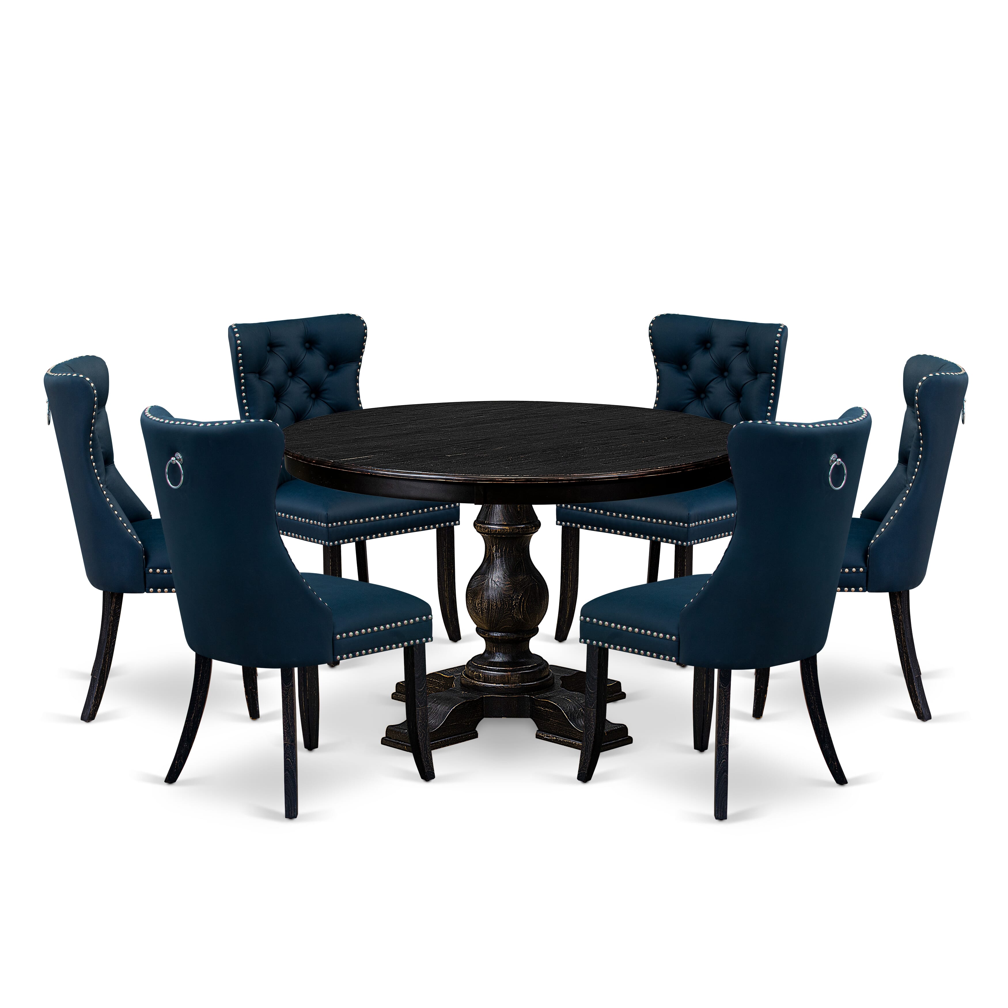 Luxe by East West Furniture F5DA7-411-29 7 Piece Dining Table Set Contains a 48" Round Table with Pedestal and 6 Navy Blue Faux Leather Upholstered Chairs, Sand Blasted Black