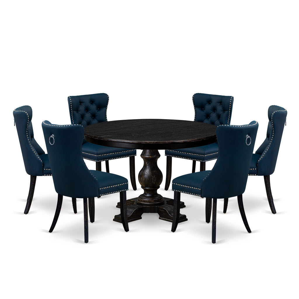 Luxe by East West Furniture F5DA7-411-29 7 Piece Dining Table Set Contains a 48" Round Table with Pedestal and 6 Navy Blue Faux Leather Upholstered Chairs, Sand Blasted Black
