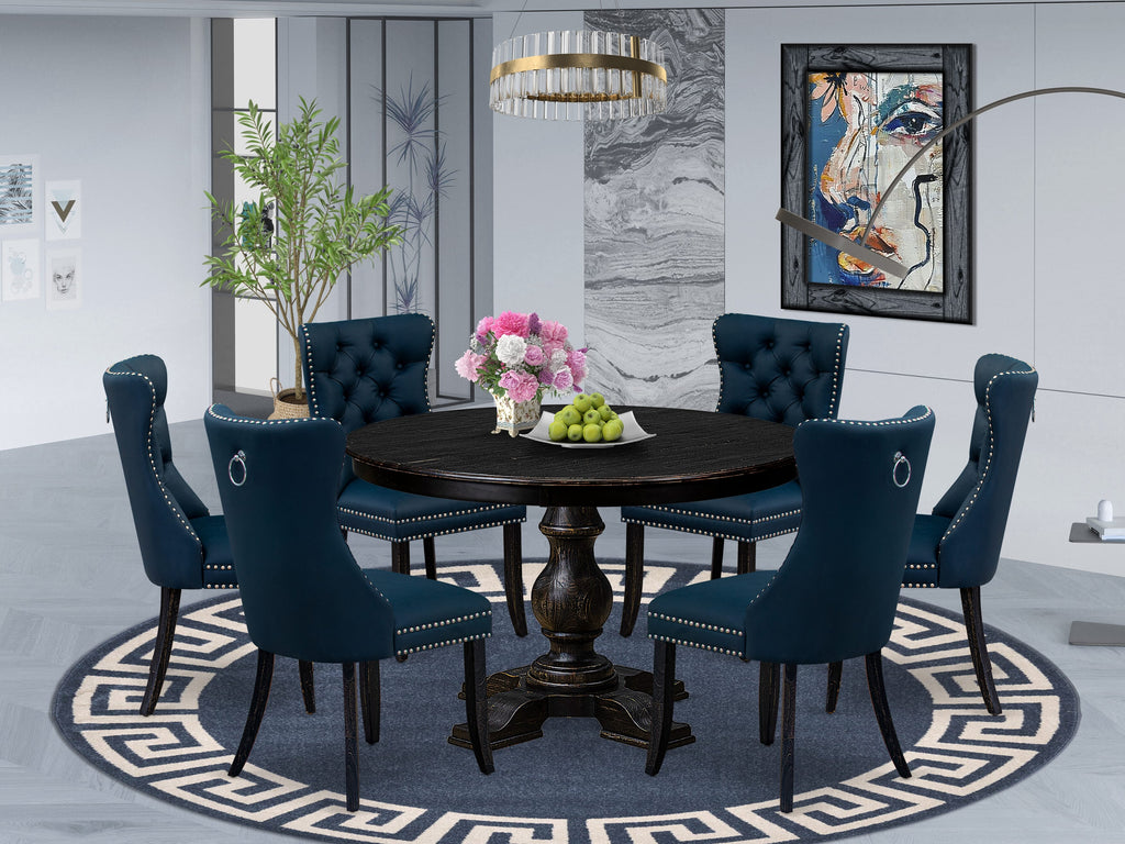 Luxe by East West Furniture F5DA7-411-29 7 Piece Dining Table Set Contains a 48" Round Table with Pedestal and 6 Navy Blue Faux Leather Upholstered Chairs, Sand Blasted Black