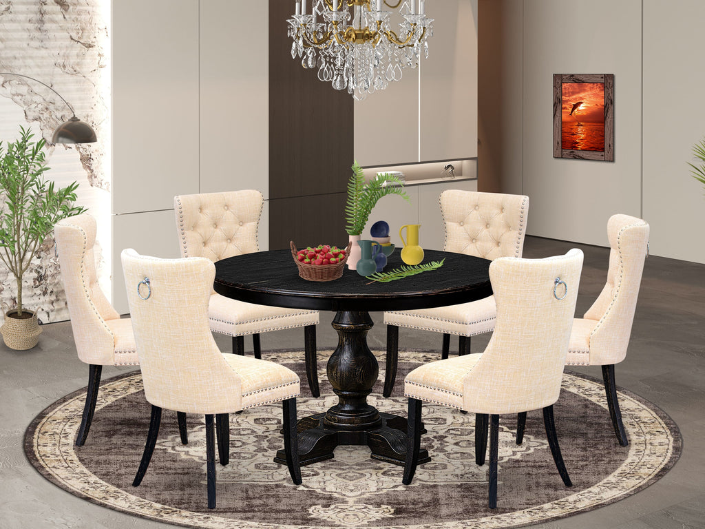 Luxe by East West Furniture F5DA7-411-32 7-pc Dinette Set consists of a kitchen table and 6 Light Beige Linen Fabric dinner chair with Button Tufted Back - Sand Blasted Black