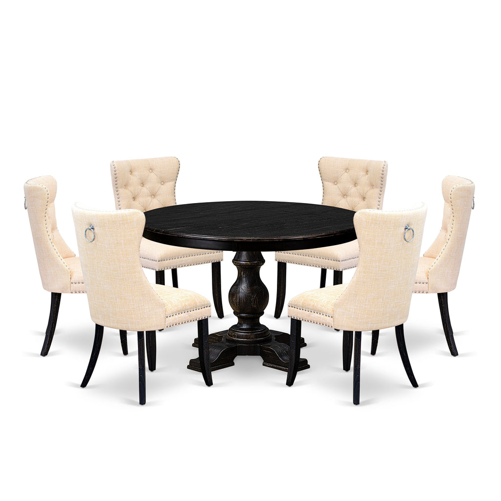 Luxe by East West Furniture F5DA7-411-32 7-pc Dinette Set consists of a kitchen table and 6 Light Beige Linen Fabric dinner chair with Button Tufted Back - Sand Blasted Black