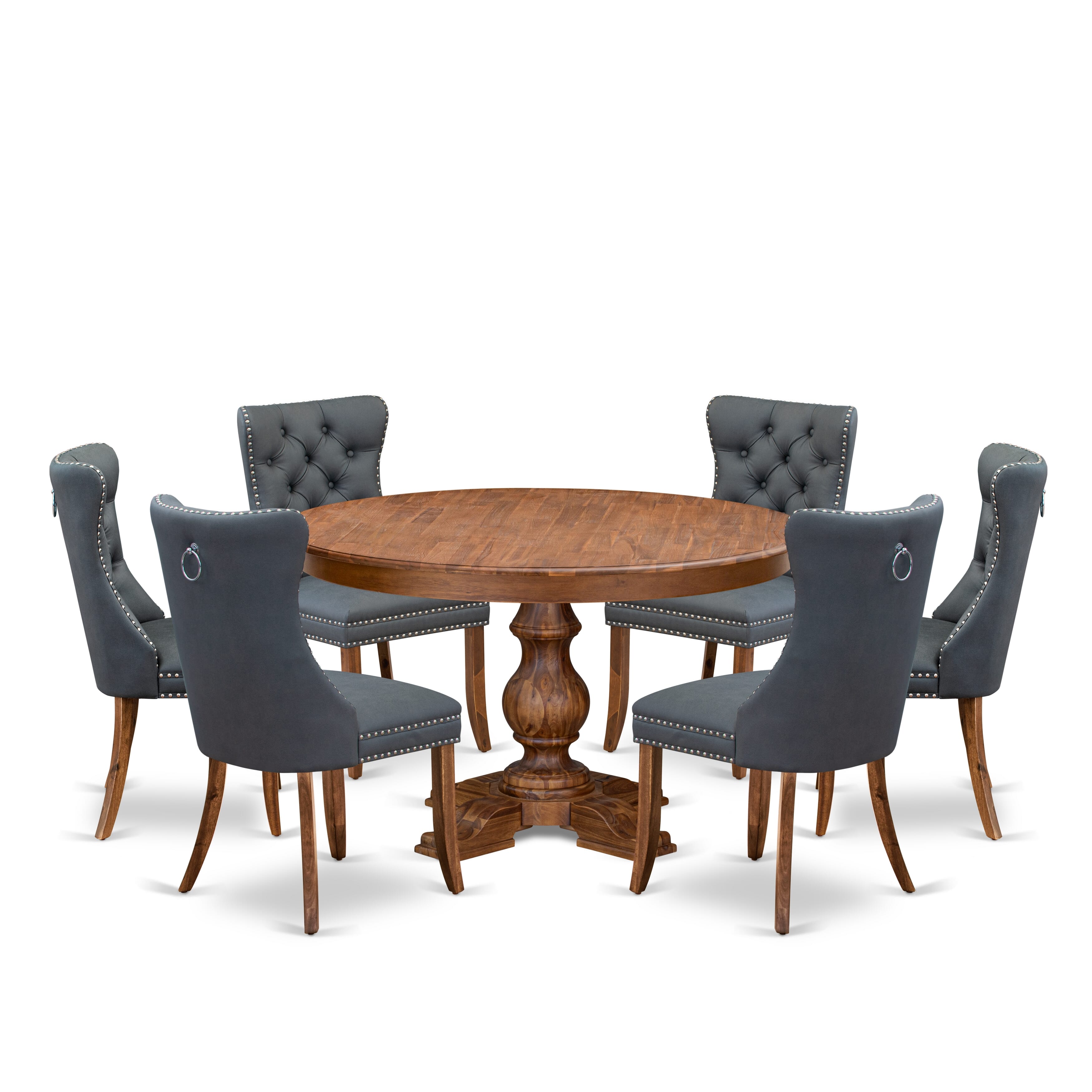 Luxe by East West Furniture F5DA7-50N-13 7-piece Mid-century Dining table set included a Dining Table and 6 Platinum Gray Faux Leather Kitchen Chairs with Button Tufted Back - Antique Walnut Finish